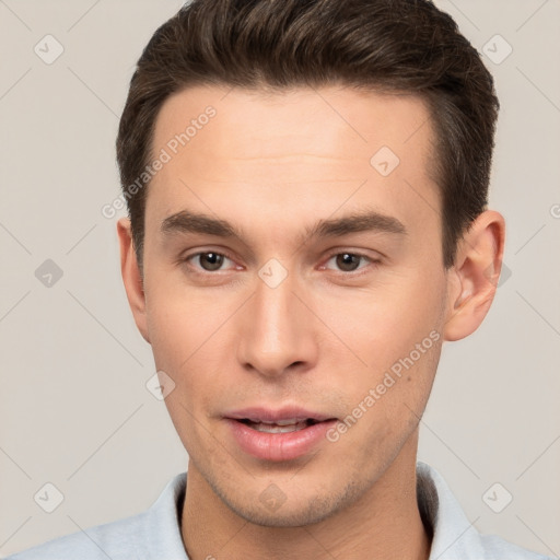 Neutral white young-adult male with short  brown hair and brown eyes