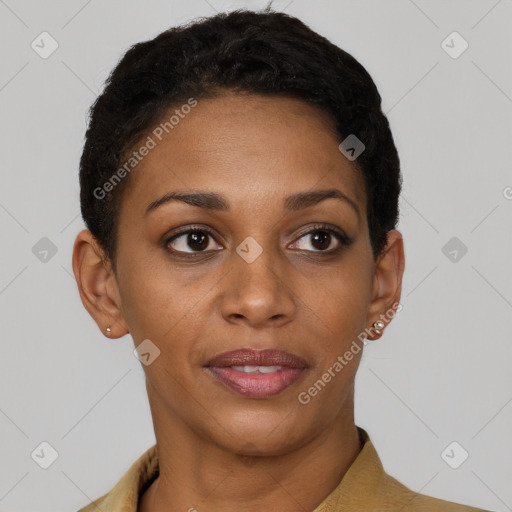 Joyful black young-adult female with short  brown hair and brown eyes