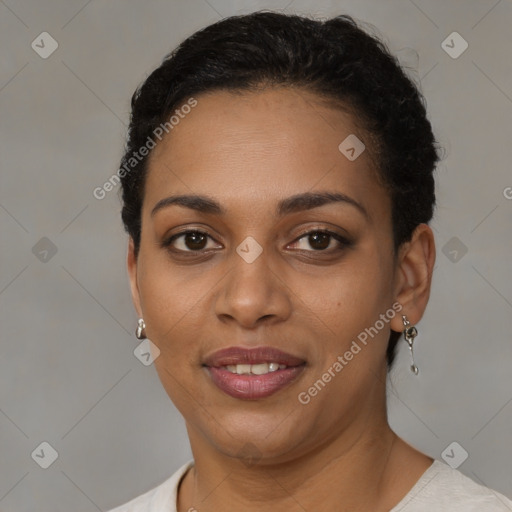 Joyful latino young-adult female with short  brown hair and brown eyes