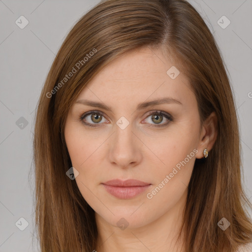 Neutral white young-adult female with long  brown hair and brown eyes