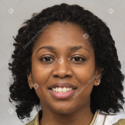 Joyful black young-adult female with medium  brown hair and brown eyes