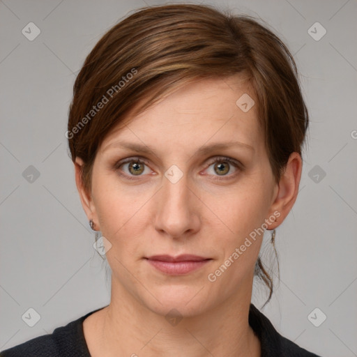 Joyful white young-adult female with medium  brown hair and grey eyes