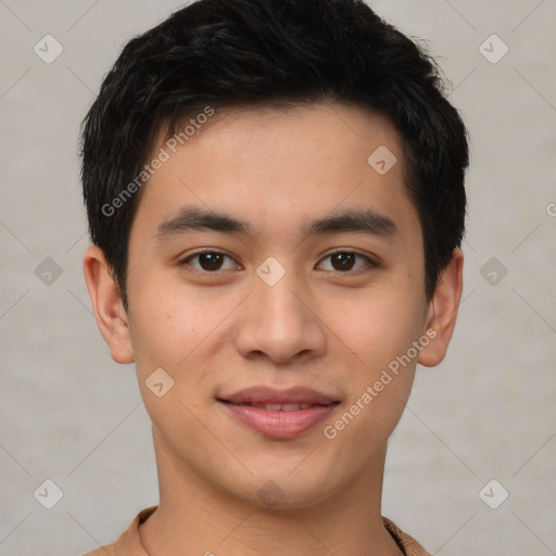 Joyful asian young-adult male with short  brown hair and brown eyes