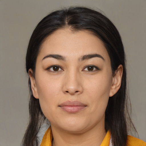 Neutral white young-adult female with medium  brown hair and brown eyes