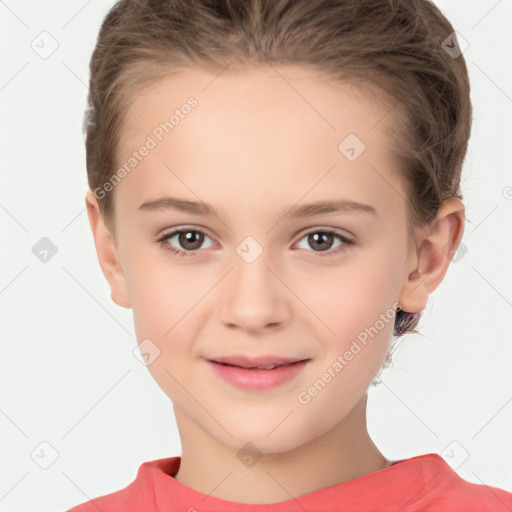 Joyful white child female with short  brown hair and brown eyes