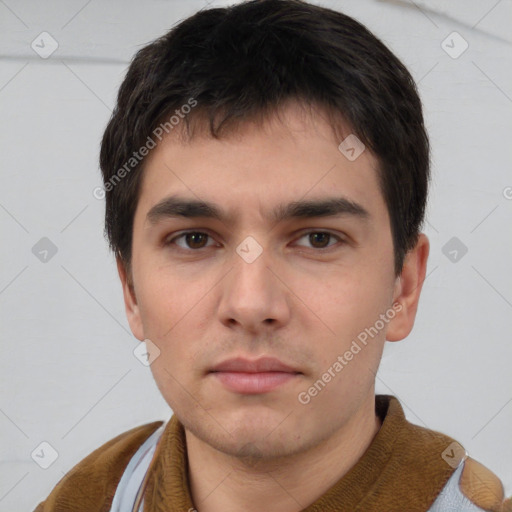 Neutral white young-adult male with short  brown hair and brown eyes