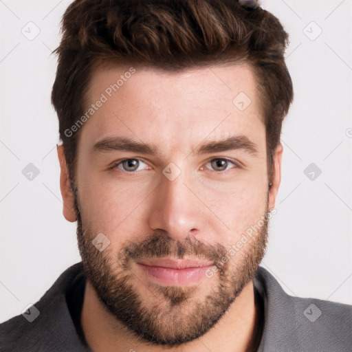 Neutral white young-adult male with short  brown hair and grey eyes