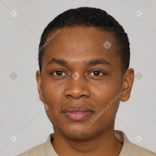 Neutral black young-adult male with short  black hair and brown eyes