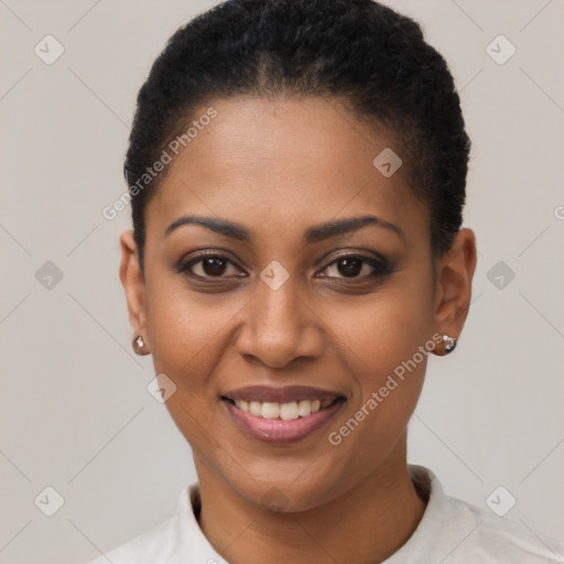 Joyful black young-adult female with short  brown hair and brown eyes