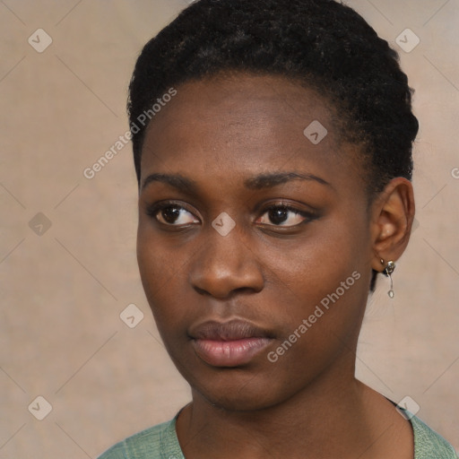 Neutral black young-adult female with short  black hair and brown eyes