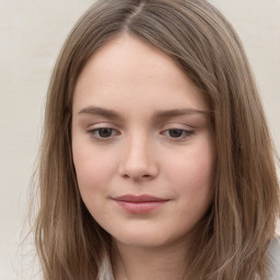 Neutral white young-adult female with long  brown hair and grey eyes