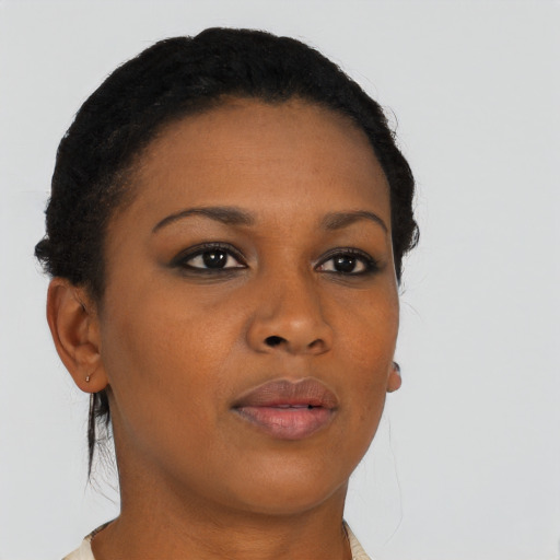 Neutral black young-adult female with short  brown hair and brown eyes