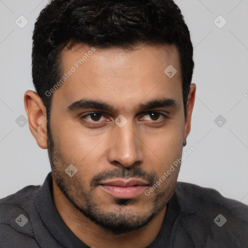 Neutral latino young-adult male with short  black hair and brown eyes