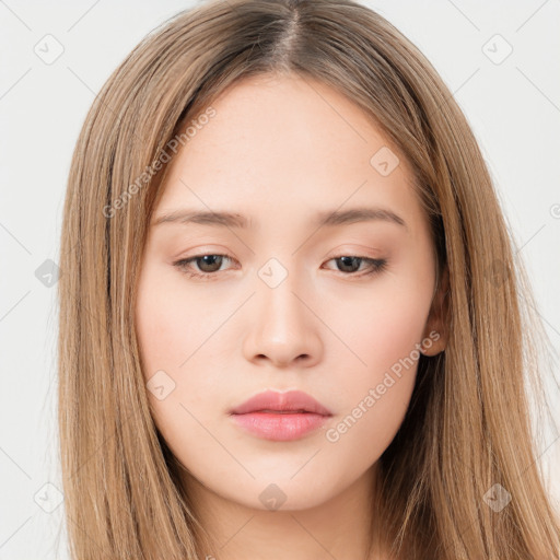 Neutral white young-adult female with long  brown hair and brown eyes