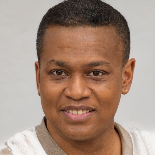 Joyful black adult male with short  brown hair and brown eyes