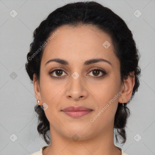 Joyful latino young-adult female with medium  black hair and brown eyes