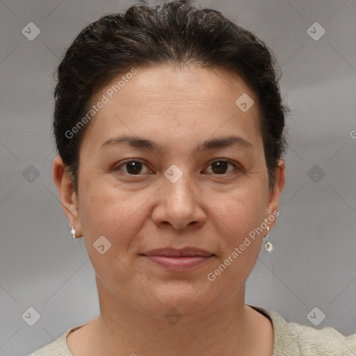 Joyful white adult female with short  brown hair and brown eyes