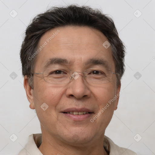 Joyful white middle-aged male with short  brown hair and brown eyes