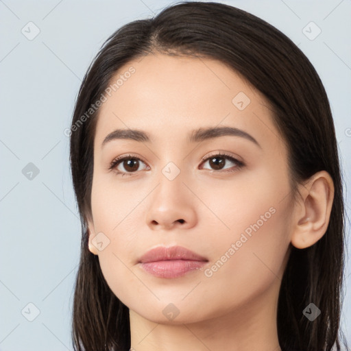 Neutral white young-adult female with long  brown hair and brown eyes