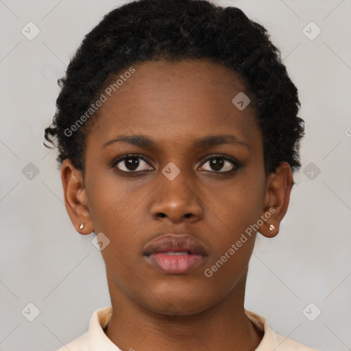 Neutral black young-adult female with short  brown hair and brown eyes