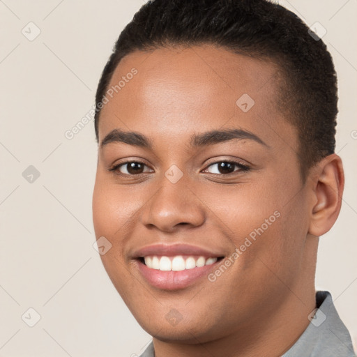 Joyful white young-adult female with short  brown hair and brown eyes