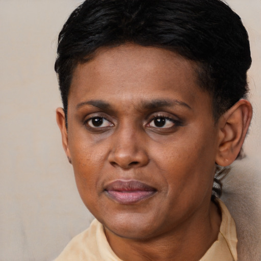 Neutral black adult male with short  black hair and brown eyes