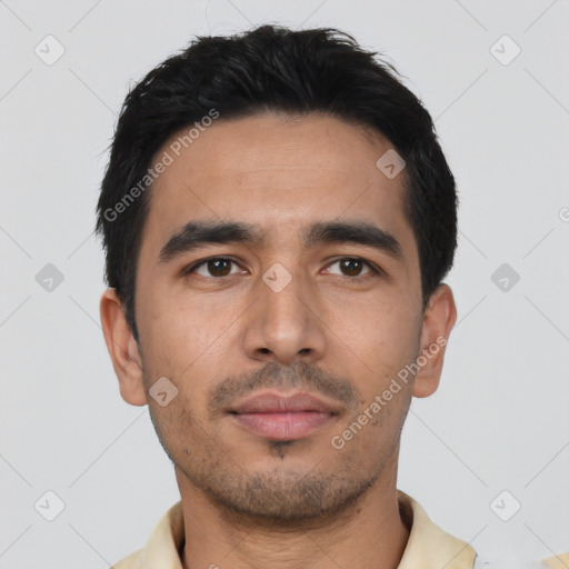 Neutral asian young-adult male with short  black hair and brown eyes