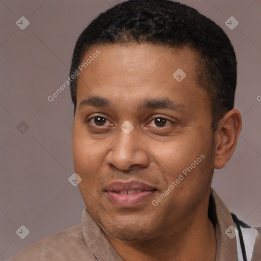 Joyful latino adult male with short  black hair and brown eyes