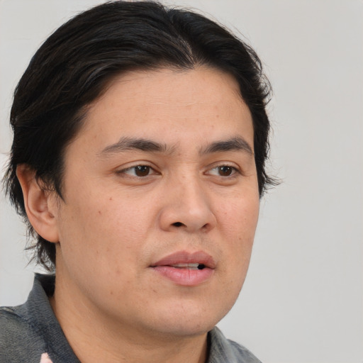 Neutral asian adult male with medium  brown hair and brown eyes