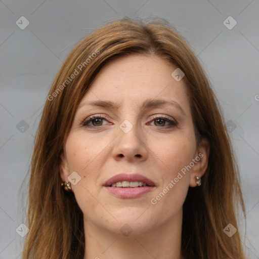 Joyful white young-adult female with long  brown hair and grey eyes