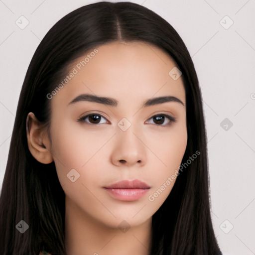 Neutral white young-adult female with long  black hair and brown eyes