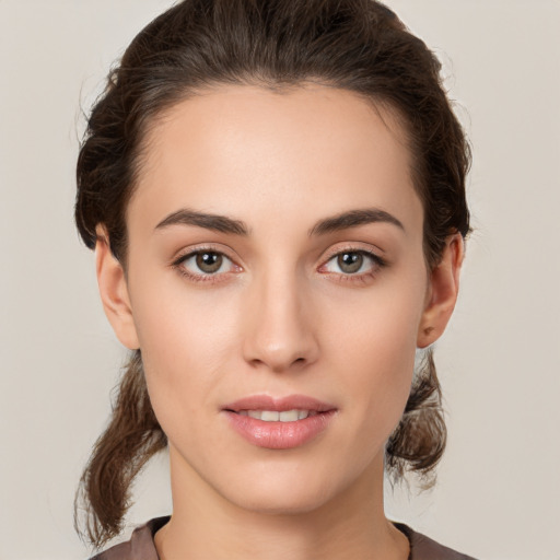 Neutral white young-adult female with medium  brown hair and brown eyes