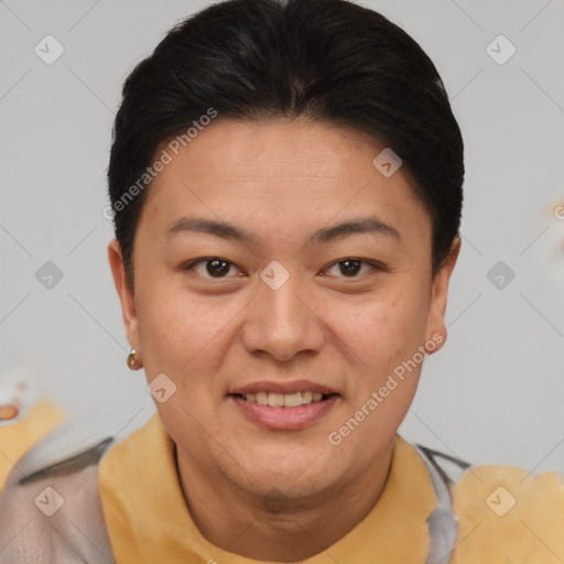 Joyful asian young-adult female with short  brown hair and brown eyes