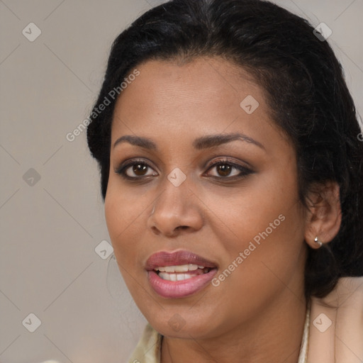 Joyful latino young-adult female with long  brown hair and brown eyes