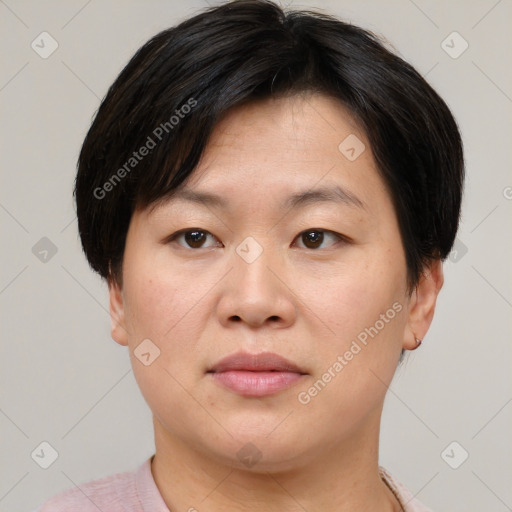 Joyful asian young-adult female with short  brown hair and brown eyes