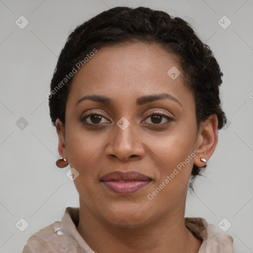 Joyful latino young-adult female with short  brown hair and brown eyes