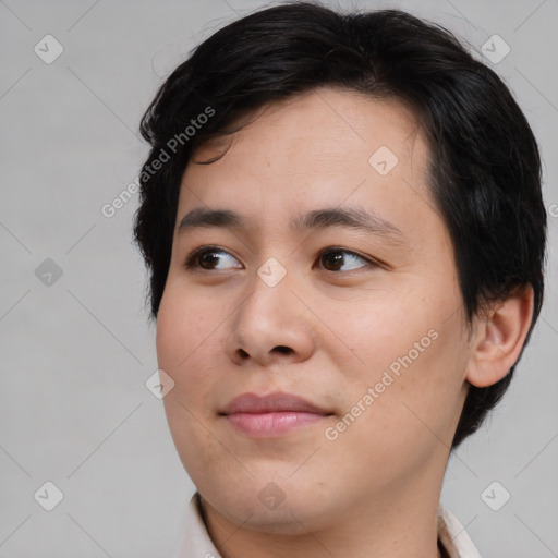 Joyful white young-adult male with medium  brown hair and brown eyes