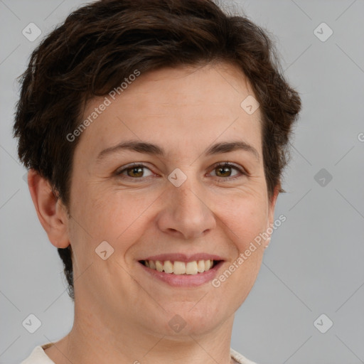 Joyful white adult female with short  brown hair and brown eyes