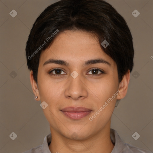 Joyful white young-adult female with short  brown hair and brown eyes