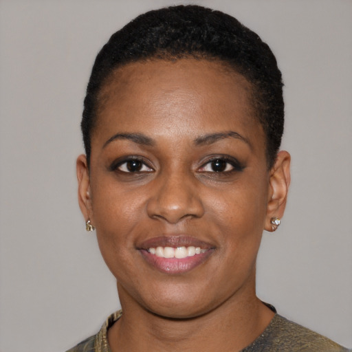 Joyful black young-adult female with short  black hair and brown eyes