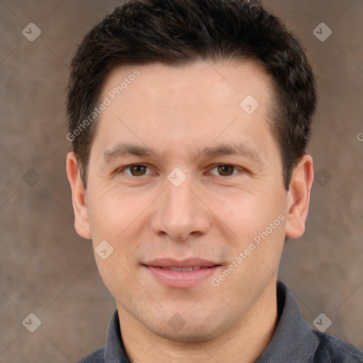 Joyful white young-adult male with short  brown hair and brown eyes