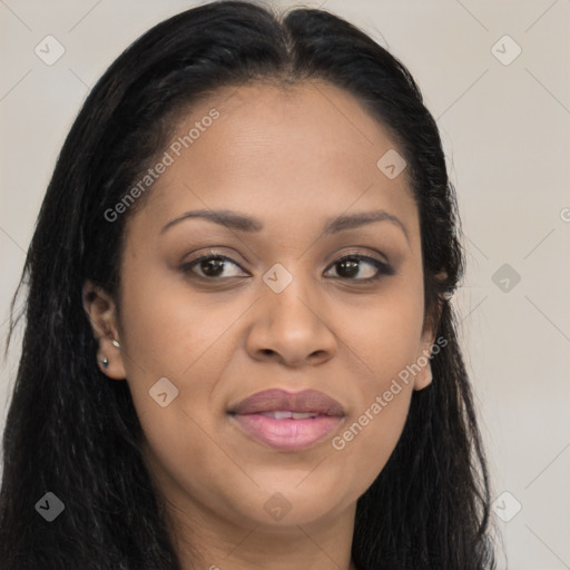 Joyful latino young-adult female with long  brown hair and brown eyes