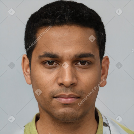 Neutral white young-adult male with short  black hair and brown eyes