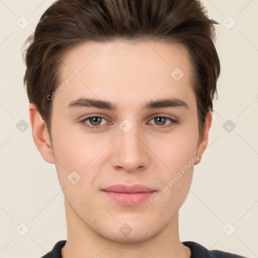 Neutral white young-adult male with short  brown hair and brown eyes