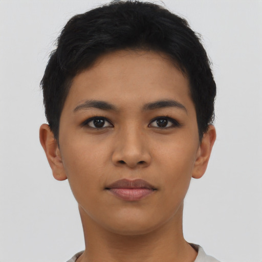 Neutral asian young-adult female with short  black hair and brown eyes