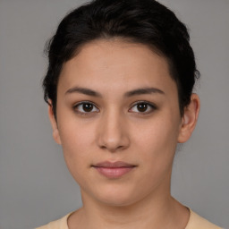 Neutral white young-adult female with short  brown hair and brown eyes