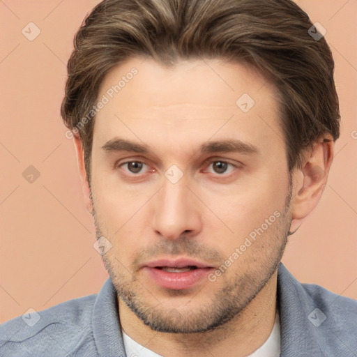 Neutral white young-adult male with short  brown hair and brown eyes