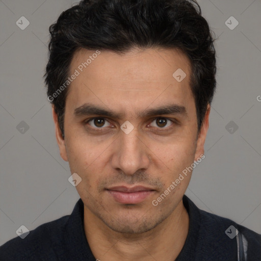 Neutral white adult male with short  black hair and brown eyes