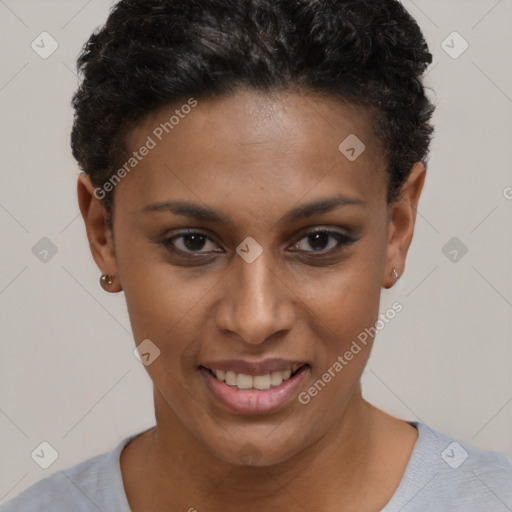 Joyful black young-adult female with short  brown hair and brown eyes