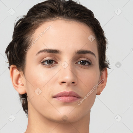 Neutral white young-adult female with medium  brown hair and brown eyes